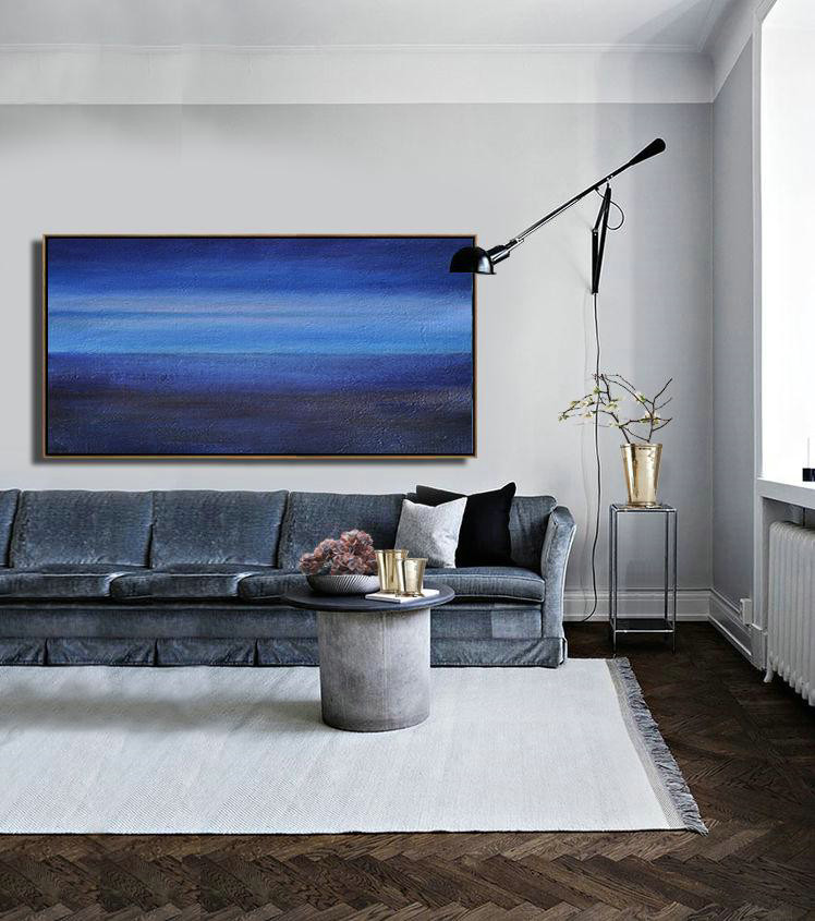 Handmade Large Contemporary Art,Hand Painted Panoramic Abstract Painting,Canvas Wall Paintings,Dark Blue,Light Blue,Black.etc
